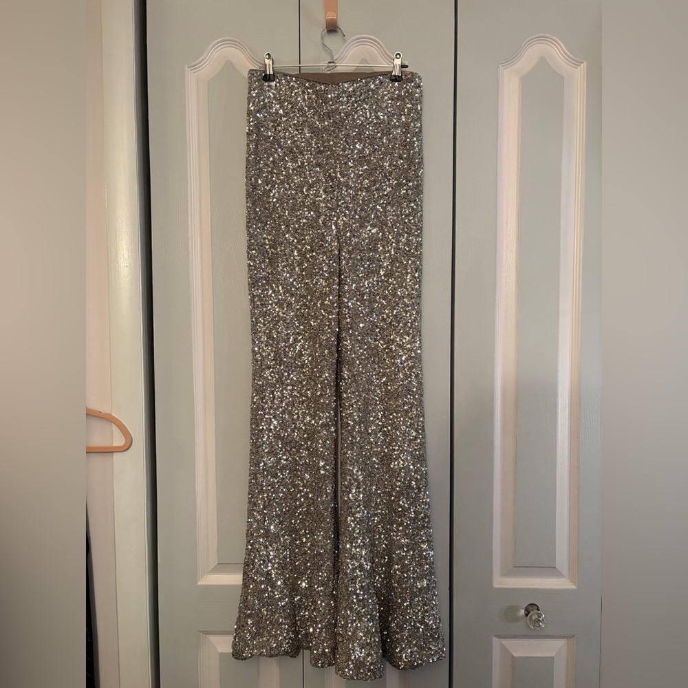 Express Silver Sequin Flare Pants - XS